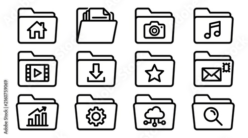 Collection of flat design multimedia and technology icons set in grayscale.