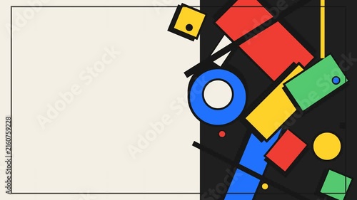 Dynamic geometric abstraction featuring primary colored shapes and lines on a split background, creating a bold, modern composition with negative space.