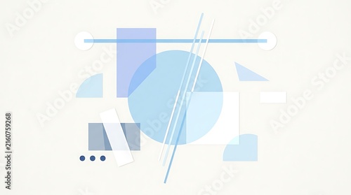 Abstract geometric composition with blue shapes and lines on a clean white background