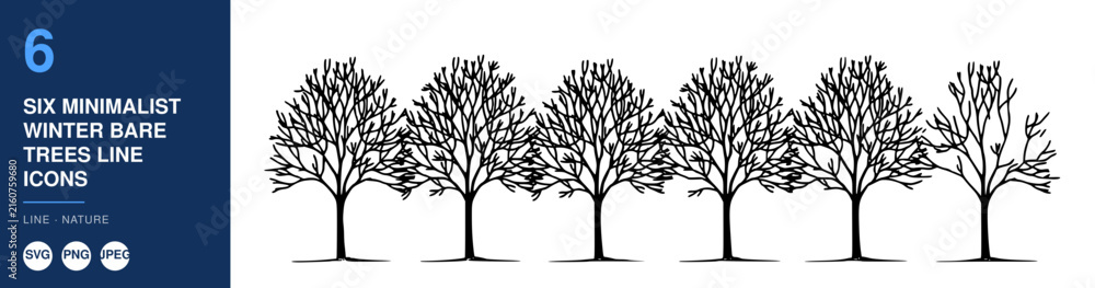 Obraz premium Six Minimalist Winter Bare Trees Line Icons Set, Nature Illustration, Simple Graphic Design, Vector Icons, Line Art.