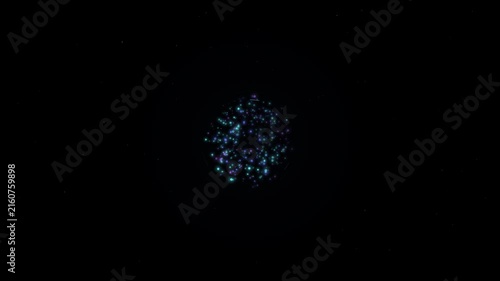 A vibrant cluster of glowing blue and purple particles forms an abstract data representation on a dark background, ideal for technology concepts.