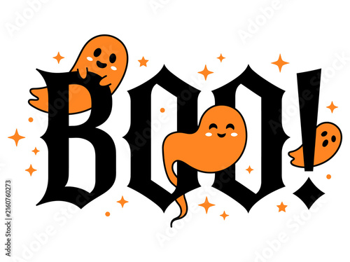 Fotografie Gothic boo lettering with orange cartoon ghosts and sparkles