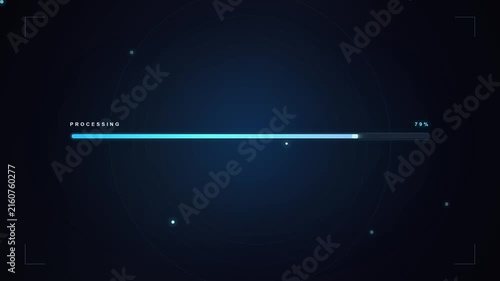 A clean and modern digital interface displays a processing bar at 50% completion, surrounded by abstract UI elements on a dark blue background.
