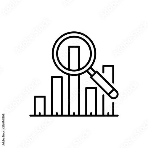Minimalist line icon of a magnifying glass inspecting a bar chart for business data analysis