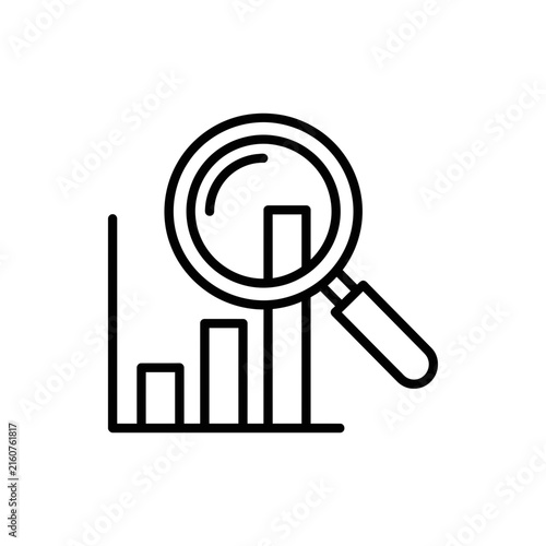 Magnifying glass icon over bar chart representing data analysis and business financial audit