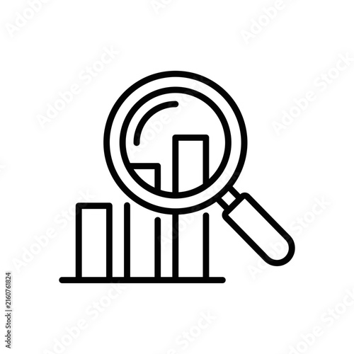 Magnifying glass analyzing bar chart data for business research and financial statistics line icon