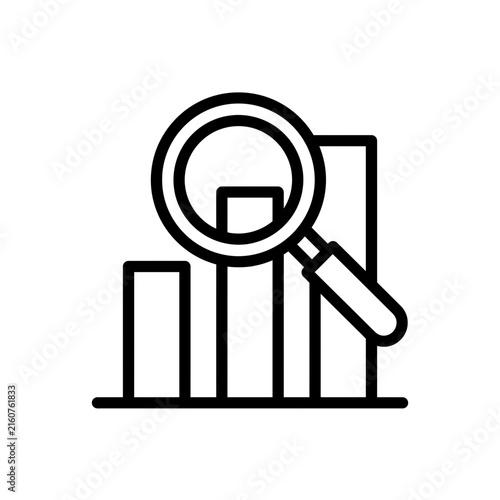 Minimalist line icon of a magnifying glass inspecting a bar graph for data analysis