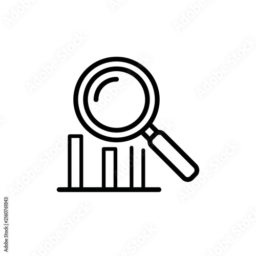 Minimalist line icon of a magnifying glass inspecting a bar graph for data analysis