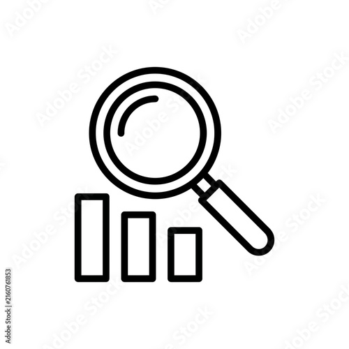 Magnifying glass icon analyzing bar chart for business data research and financial auditing