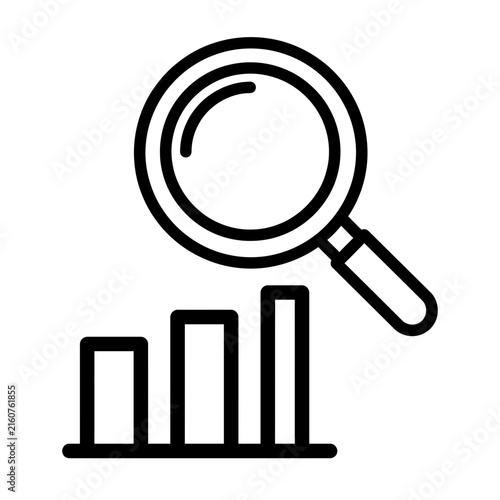 Minimalist line icon of a magnifying glass over a rising bar graph for data analysis
