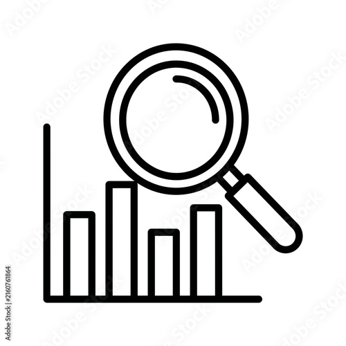 Minimalist line icon of a magnifying glass inspecting a bar graph for business data analysis