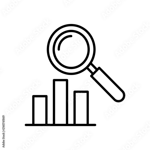 Minimalist line icon of a magnifying glass inspecting a bar chart for data analysis