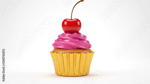 3D Pink Cupcake with Cherry on Top Isolated on White