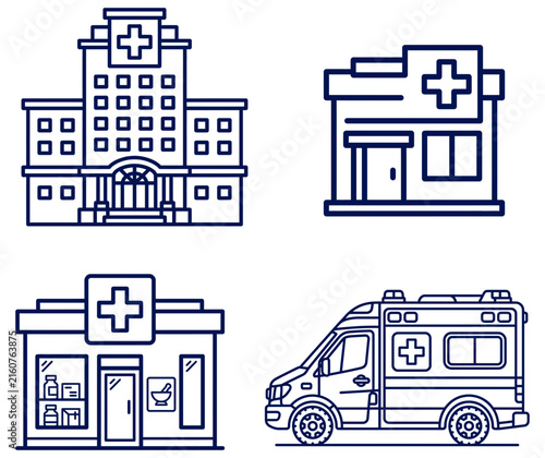 Bild auf Leinwand Hospital buildings and ambulance vehicle blue line art healthcare clinic medical