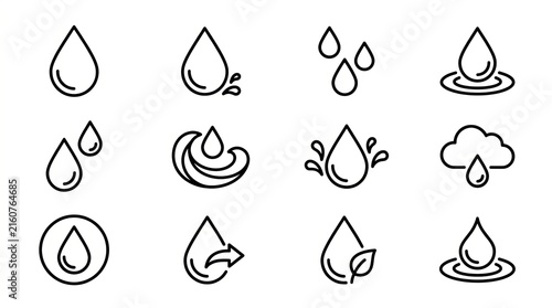 Collection of hand drawn water droplet and splash illustrations in black and white.
