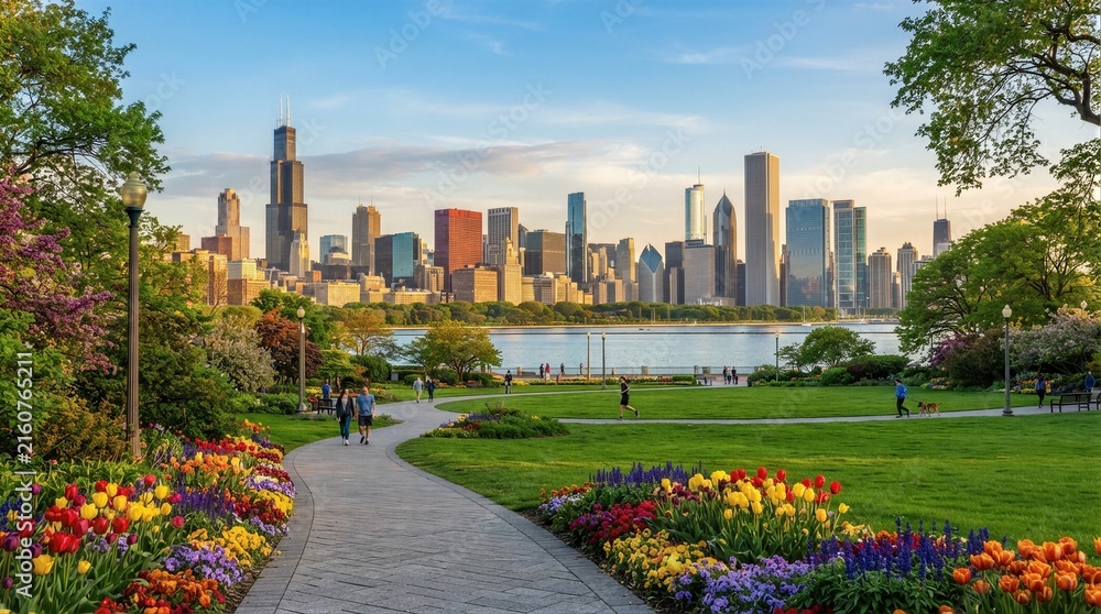 Fototapeta premium City skyline viewed from park pathway with flowerbeds