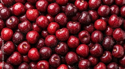 Top view of fresh ripe red cherries with water droplets creating a juicy fruit texture background