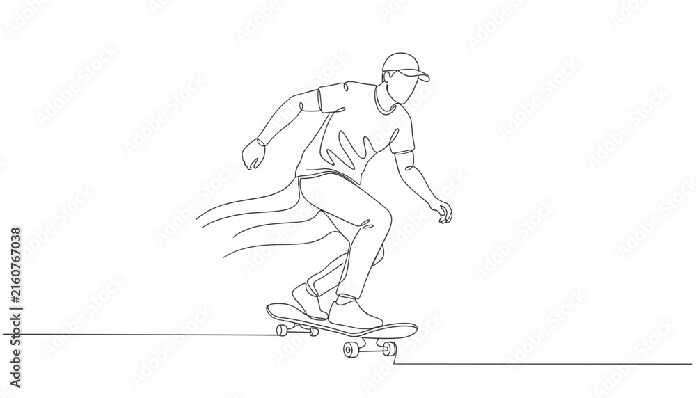 Fototapeta premium Dynamic continuous one-line drawing of an active skateboarder riding on a skateboard over a plain white background.