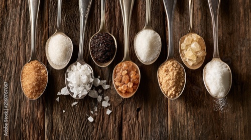 Various types of sugar and salt in metal spoons arranged on rustic wooden surface showcasing different textures and colors of sweeteners and seasoning ingredients