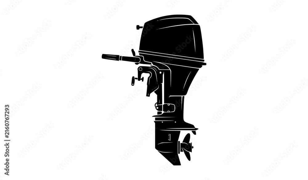 Fototapeta premium Side view marine outboard engine with propeller black and white vector