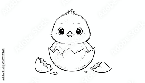 Adorable sketch of a fluffy baby chick newly hatched from its eggshell with pieces of broken shell scattered around.