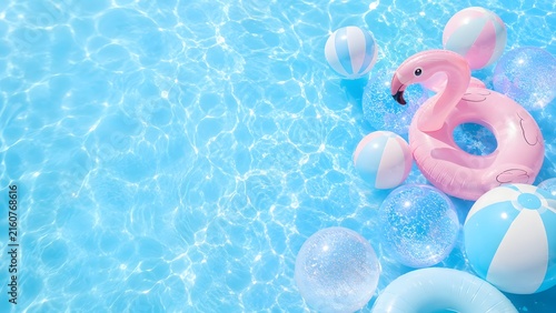 Blue swimming pool with inflatable flamingo float and striped beach balls for sunny summer lifestyle promotion.