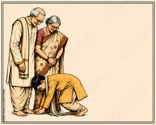 Indian Family Elders Blessing Young boy Touching Feet Traditional Respect Illustration