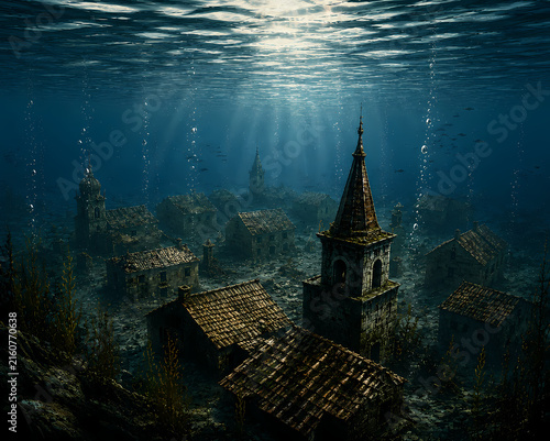Sunken Underwater Village with Submerged Church and Mysterious Ocean Landscape