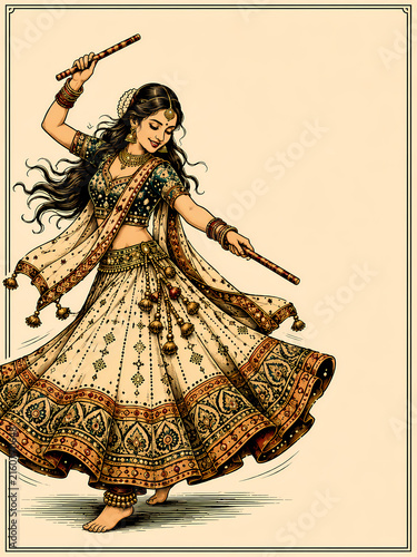 Traditional Indian Woman Performing Dandiya Dance in Colorful Navratri Costume Illustration