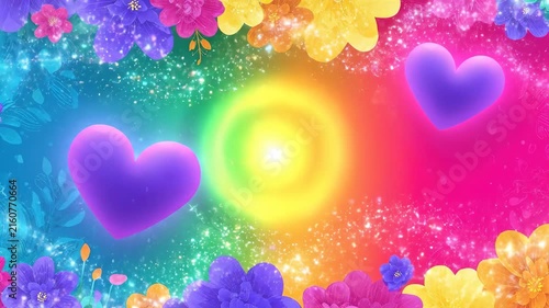 Colorful heart shapes floating on rainbow flower background