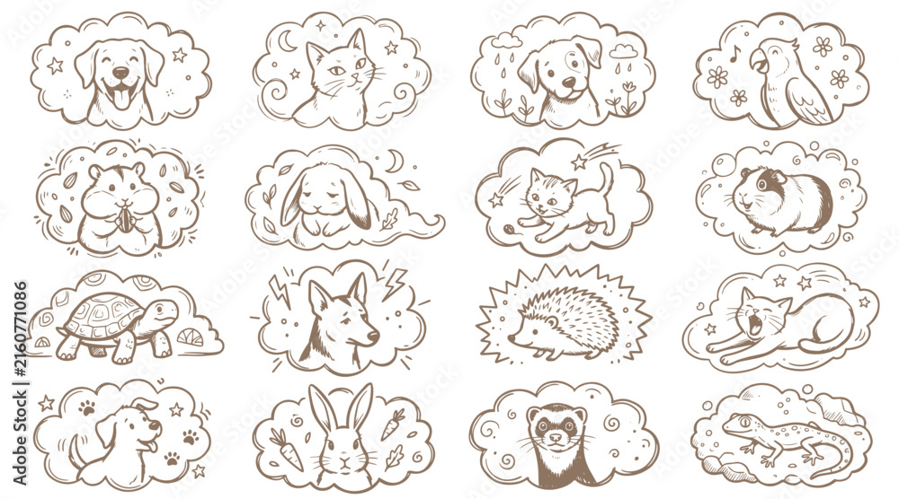 Obraz premium Hand drawn pet doodle set with cute animals in speech bubbles for creative design projects.
