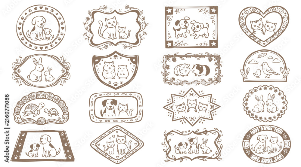 Fototapeta premium Hand drawn pet doodle frames collection with cute animals in various decorative borders