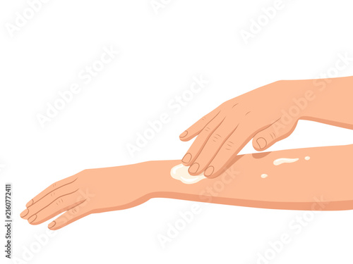 Flat vector illustration of hands applying skincare lotion to an arm, isolated on white, representing moisturizing, skin care, beauty, hygiene, treatment, wellness, self-care