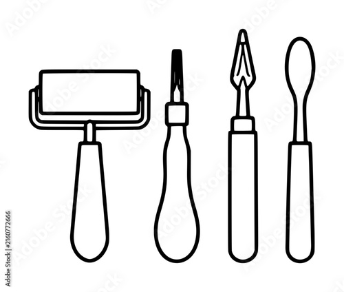 Photography Black line vector illustration set of printmaking tools featuring ink brayer rol
