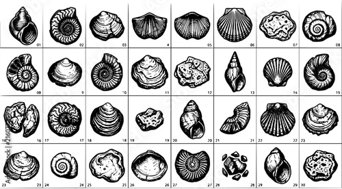 Collection of various seashells and fossilized mollusks in detailed black and white illustration style for marine biology education and oceanographic research