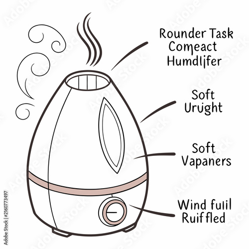 Air humidifier vector graphic with labels pointing to different parts of the device, humidifier
