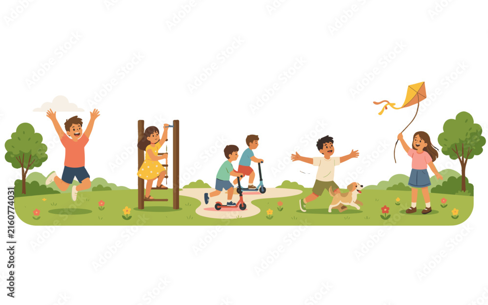 Fototapeta premium A group of children enjoying a sunny day playing in a park.