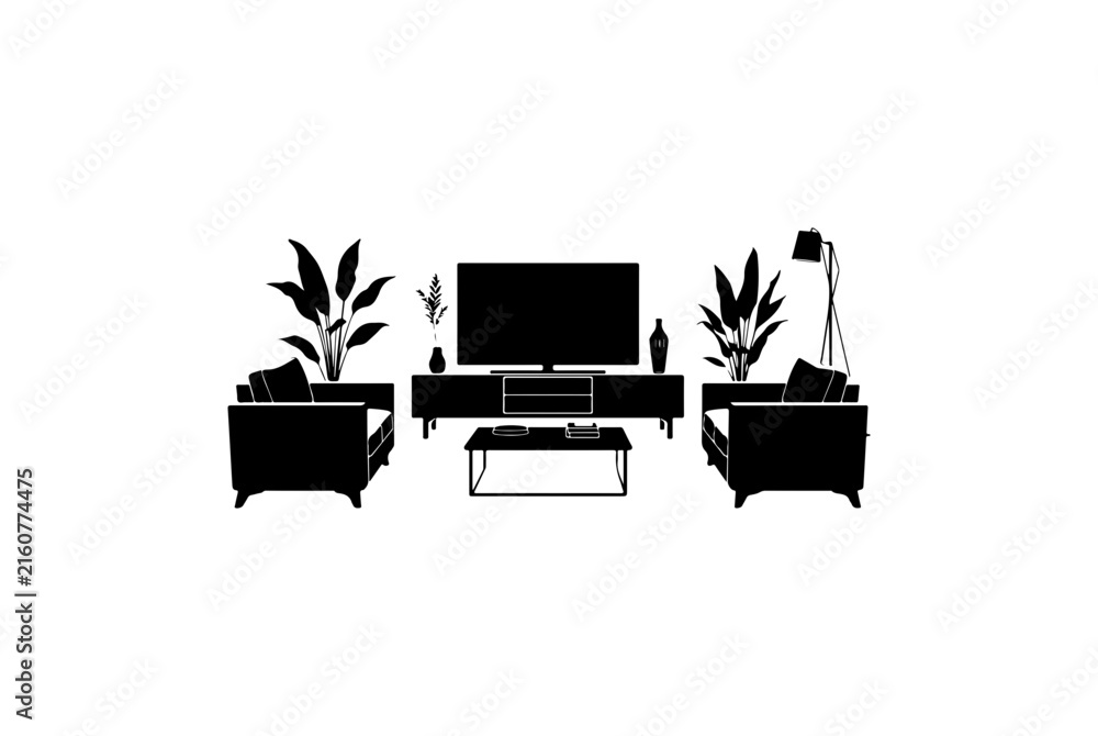 Fototapeta premium Minimalist living room with flat-screen tv, side tables, and indoor plants on transparent background