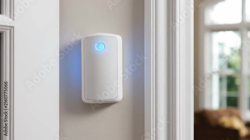 Home security motion sensor detecting presence inside modern house