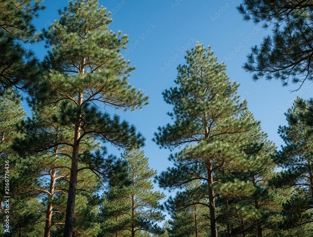 Fototapeta premium Tall pine trees grow in green conifer forest under bright blue sky. Sunlight hits needles of evergreen trees in wild woodland area. View from below shows spruce, fir branches reaching up towards