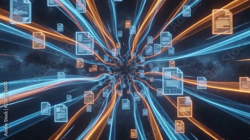 Digital Data Stream: Abstract visualization of digital data streams flowing through a network, with documents and information packets converging into a central point.