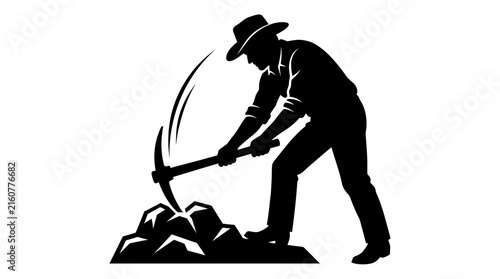 Foto Cowboy silhouette mining rocks with a pickaxe.
