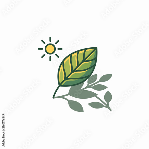 Simple sun and green leaf nature symbol.