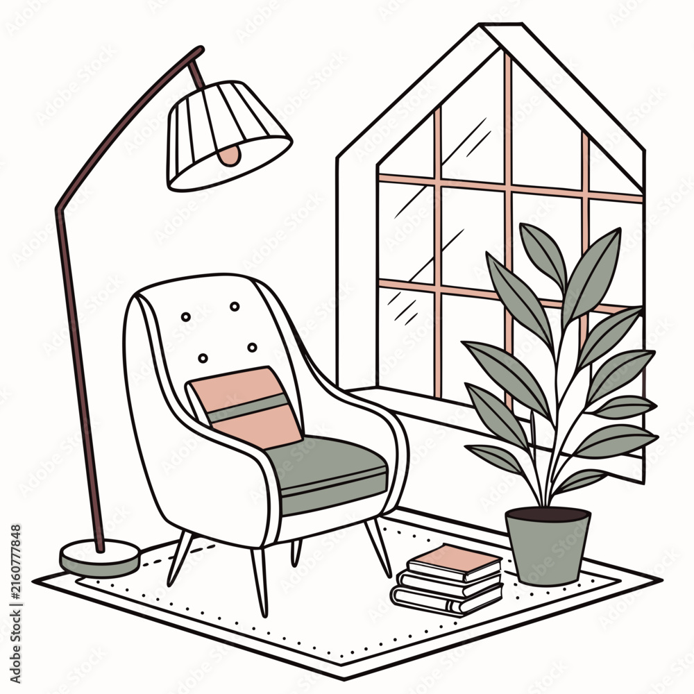 Fototapeta premium Cozy living room interior line art vector illustration with armchair floor lamp plant and window