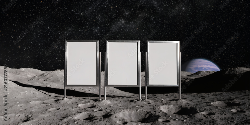 Fototapeta premium Three Blank Vertical Poster Frames Mounted On A Rocky Lunar Surface In Outer Space With Stars And A Glowing Planet In The Background, Futuristic Triptych Billboard Mockup Template For Advertising