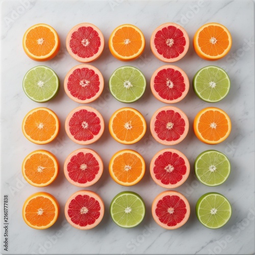 Assorted citrus fruit slices arranged in a grid