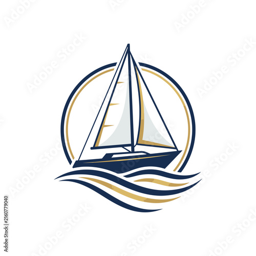 Stylized white sailboat cruising on golden ocean waves