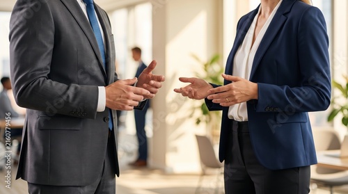 Close up of business people shaking hands or talking in modern office, professional corporate communication and partnership concept