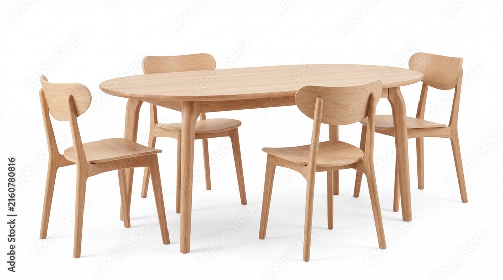 Fototapeta premium Modern dining room set featuring wooden oval table with four matching ergonomic chairs crafted from light oak on white background