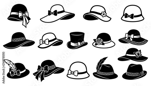 Elegant women fashion hats solid glyph vector icon set featuring vintage headwear with ribbon bow feather floral decorations